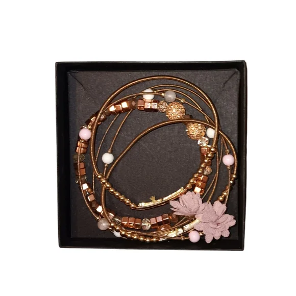 6 Piece Pink & Gold Stretchy Beaded Bracelet Set, NWOT - Picture 1 of 6